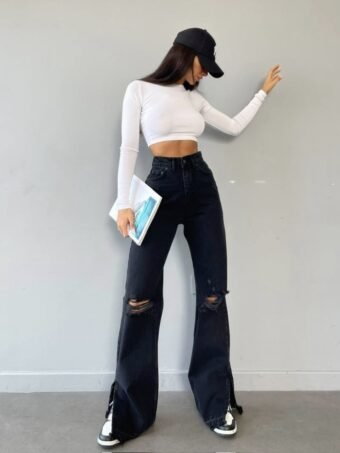 WIDE LEG JEANS ΜΕ ΣΚΙΣΙΜΟ – ΜΑΥΡΟ Παντελόνια