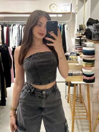 DENIM STRAPLESS CROP ΤΟΠ – ΓΚΡΙ Tops 3